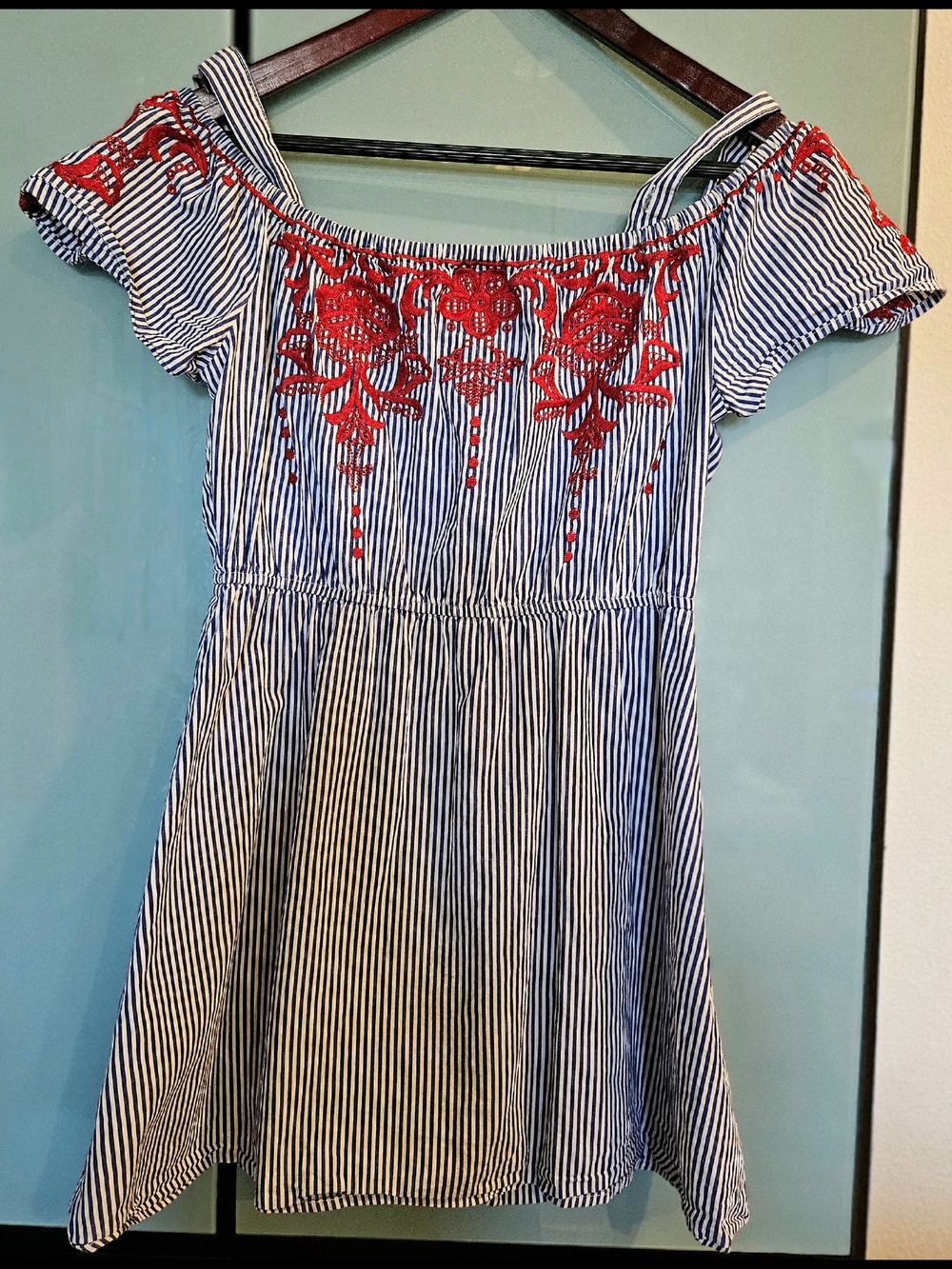Striped Off-Shoulder Mini Dress with Red Floral Embroidery